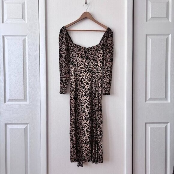 Reformation Sigmund Leopard Midi Dress Square Neck Long Sleeves Brown Size 4 - Picture 6 of 11